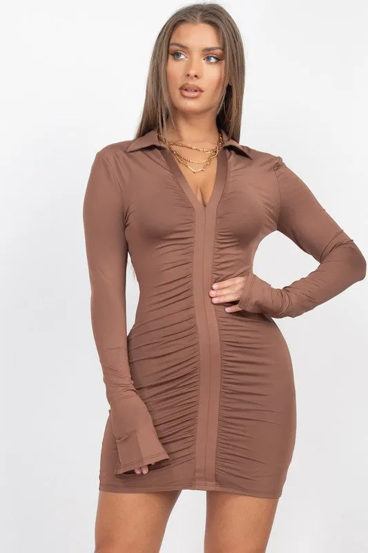 DEEP V NECK FRONT RUCHED MINI DRESS