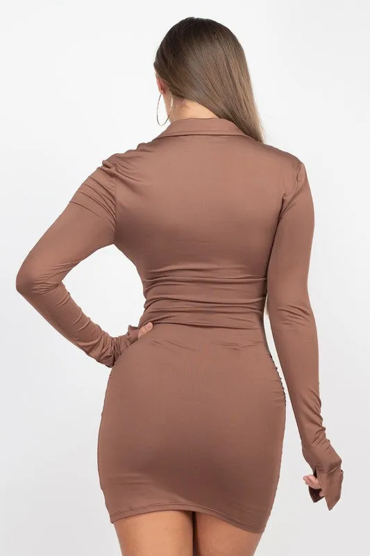 DEEP V NECK FRONT RUCHED MINI DRESS