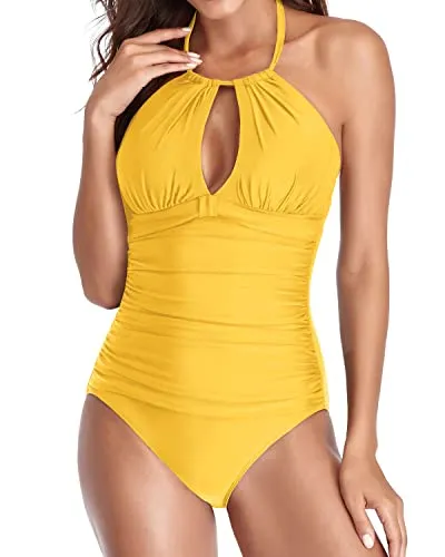 Deep V Neck One Piece Black Halter Bathing Suits-Neon Yellow