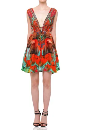 Designer Macaw Print Short Dress