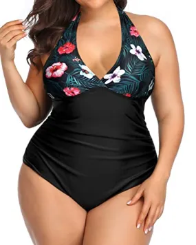 Effective Tummy Control V Neck Plus Size One Piece Swimsuits-Black Floral