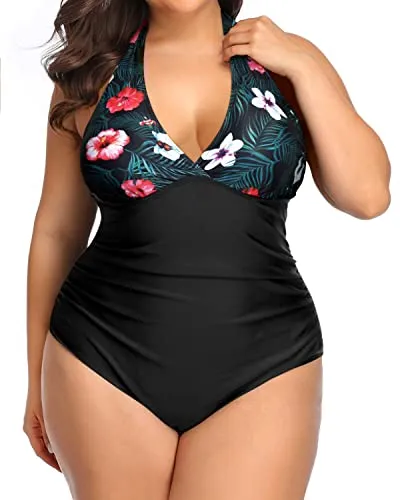 Effective Tummy Control V Neck Plus Size One Piece Swimsuits-Black Floral