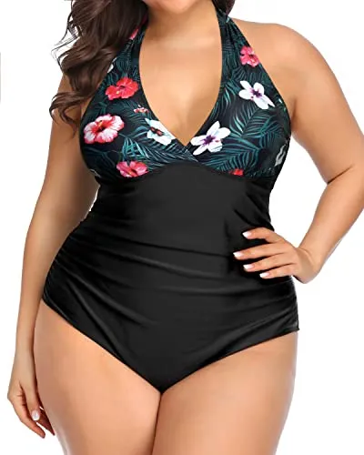Effective Tummy Control V Neck Plus Size One Piece Swimsuits-Black Floral