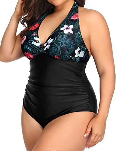 Effective Tummy Control V Neck Plus Size One Piece Swimsuits-Black Floral