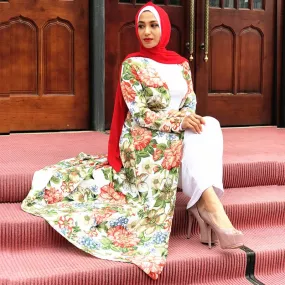 Elegant Muslim Abaya Print Maxi Dress Floral Cardigan Long Robe Gowns Tunic Middle East Ramadan Worship Service Islamic Clothing