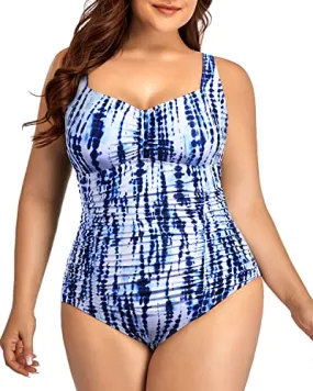 Flattering Backless One Piece Swimsuits For Plus Size Women-Blue Tie Dye