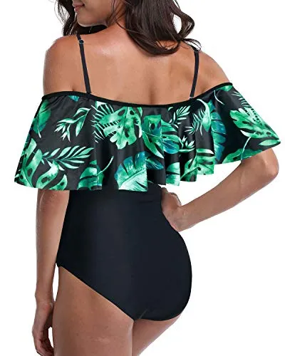 Flattering Flounce Off Shoulder One Piece Bathing Suit-Black And Green Leaves