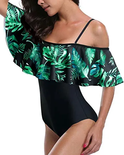 Flattering Flounce Off Shoulder One Piece Bathing Suit-Black And Green Leaves