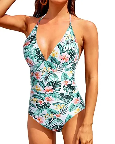 Flattering Tummy Control Bathing Suits Women's Halter V Neck Swimsuits
