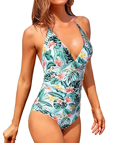 Flattering Tummy Control Bathing Suits Women's Halter V Neck Swimsuits