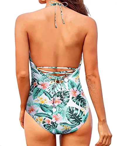 Flattering Tummy Control Bathing Suits Women's Halter V Neck Swimsuits