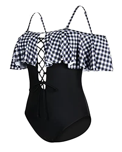 Flirty Lace-Up Off-Shoulder One Piece Swimsuit For Women-Black And White Checkered
