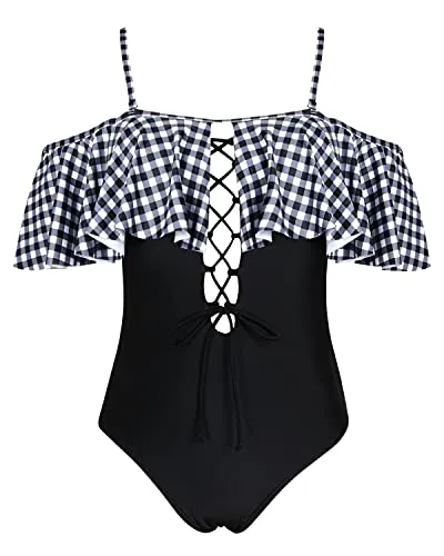 Flirty Lace-Up Off-Shoulder One Piece Swimsuit For Women-Black And White Checkered