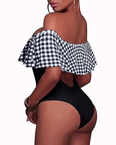 Flirty Lace-Up Off-Shoulder One Piece Swimsuit For Women-Black And White Checkered