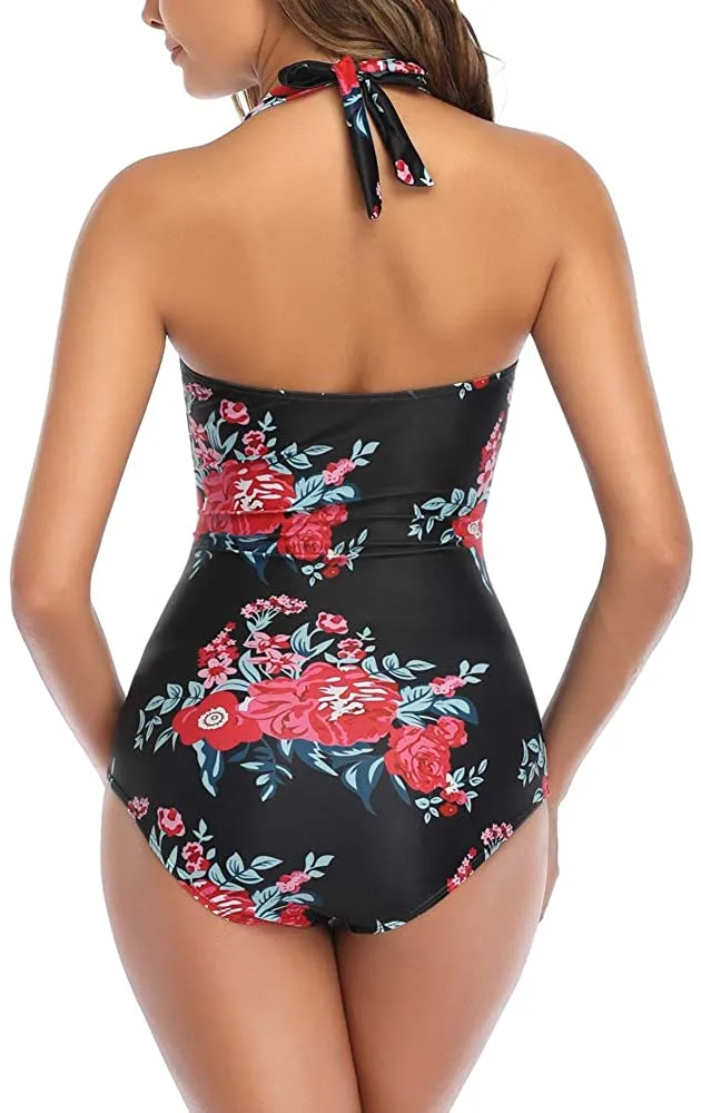 Floral Red Tummy Control One Piece Swimsuit