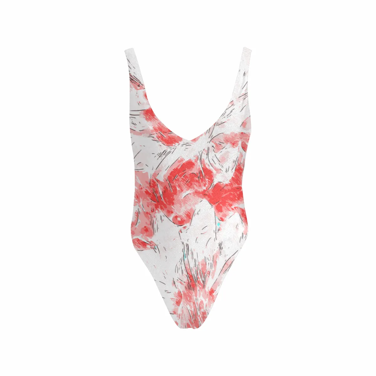 Floral Sketch Art Sexy Low Back One-Piece Swimsuit