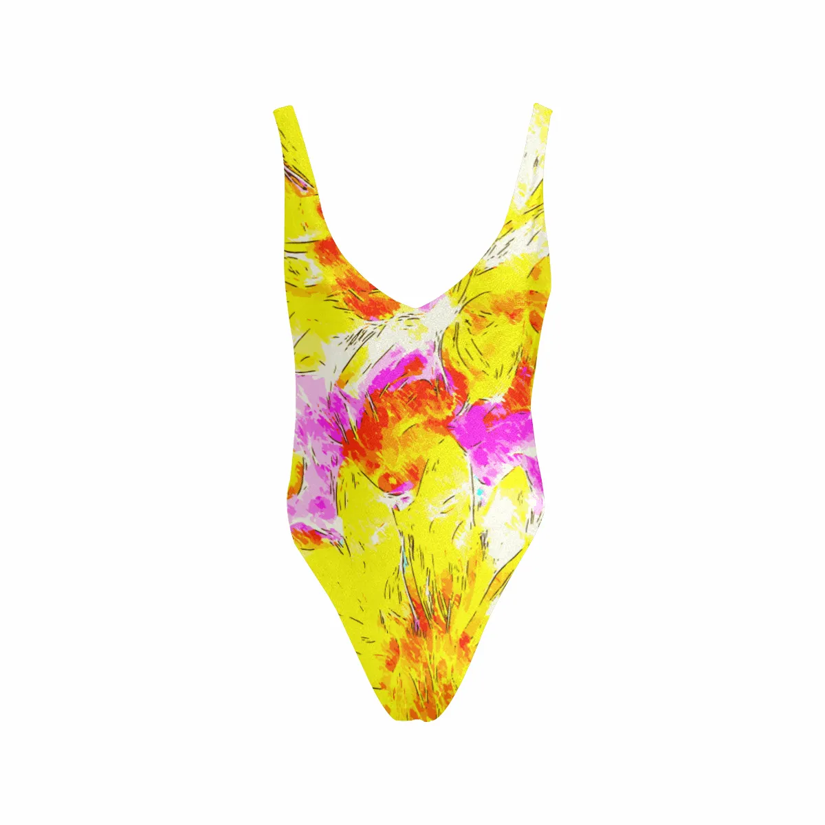 Floral Sketch Art Sexy Low Back One-Piece Swimsuit