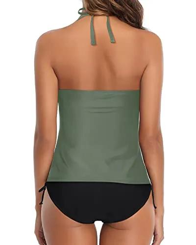 Full Coverage Halter Neck Straps Tankini Swimsuits For Women Tummy Control-Olive Green
