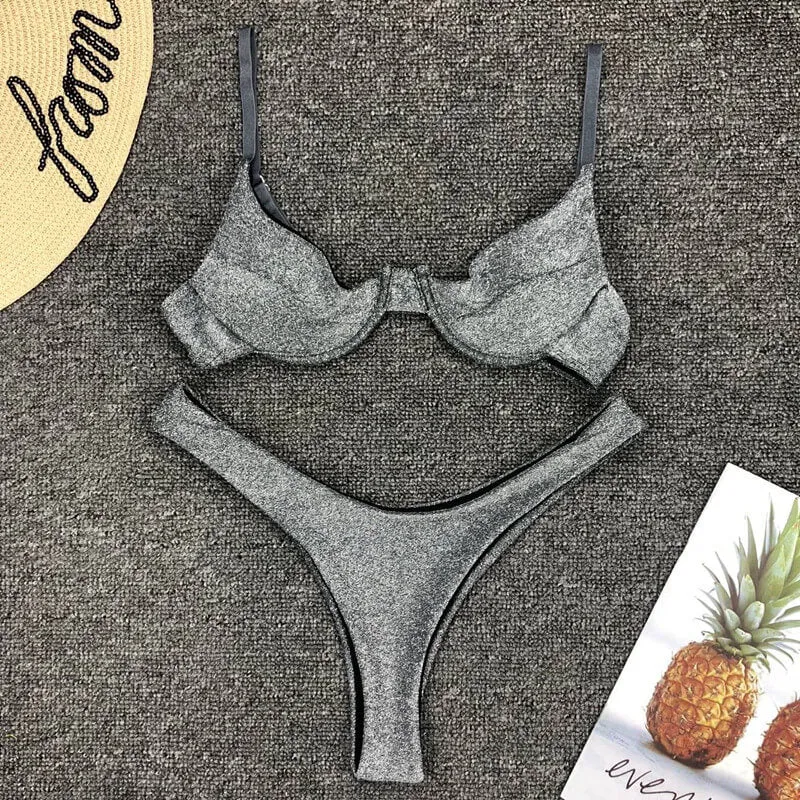 Glitter Padded Top Mid Rise Thong Bottom Bikinis