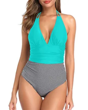 Halter Bathing Suit Women Tummy Control Plunge V Neck One Piece Swimwear-Aqua Stripe