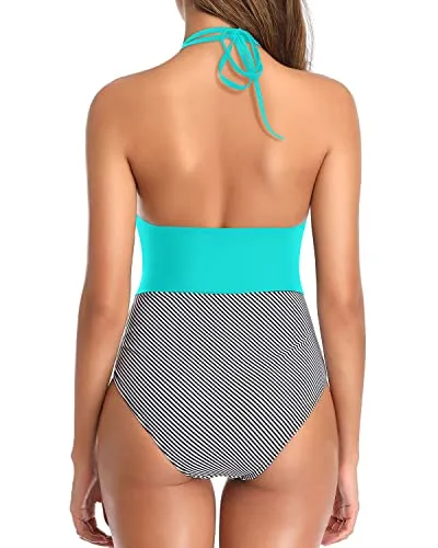 Halter Bathing Suit Women Tummy Control Plunge V Neck One Piece Swimwear-Aqua Stripe