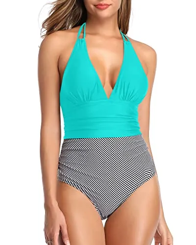 Halter Bathing Suit Women Tummy Control Plunge V Neck One Piece Swimwear-Aqua Stripe