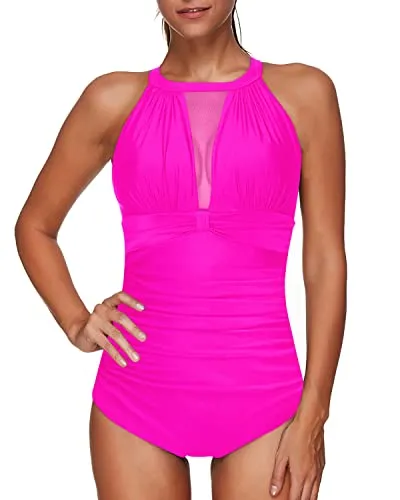 Halter High Neck Mesh Keyhole Back Swimsuit With Tummy Control-Neon Pink