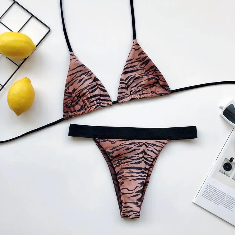 Halter Tiger Print Stretch Bandeau Thong Bottom Bikinis