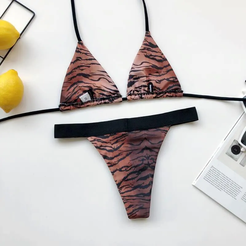Halter Tiger Print Stretch Bandeau Thong Bottom Bikinis