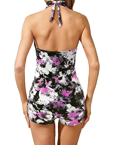 Halter Twist Front Ruched Boyleg One Piece Swimsuit