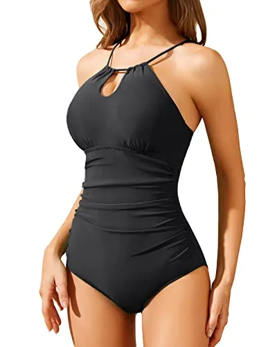 High Neck Removable Padded Push Up Bra Halter One Piece Swimsuits-Black