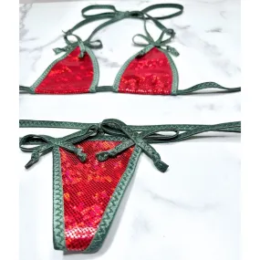 Holographic Red with Dark Green Christmas Bows Micro G-string Set