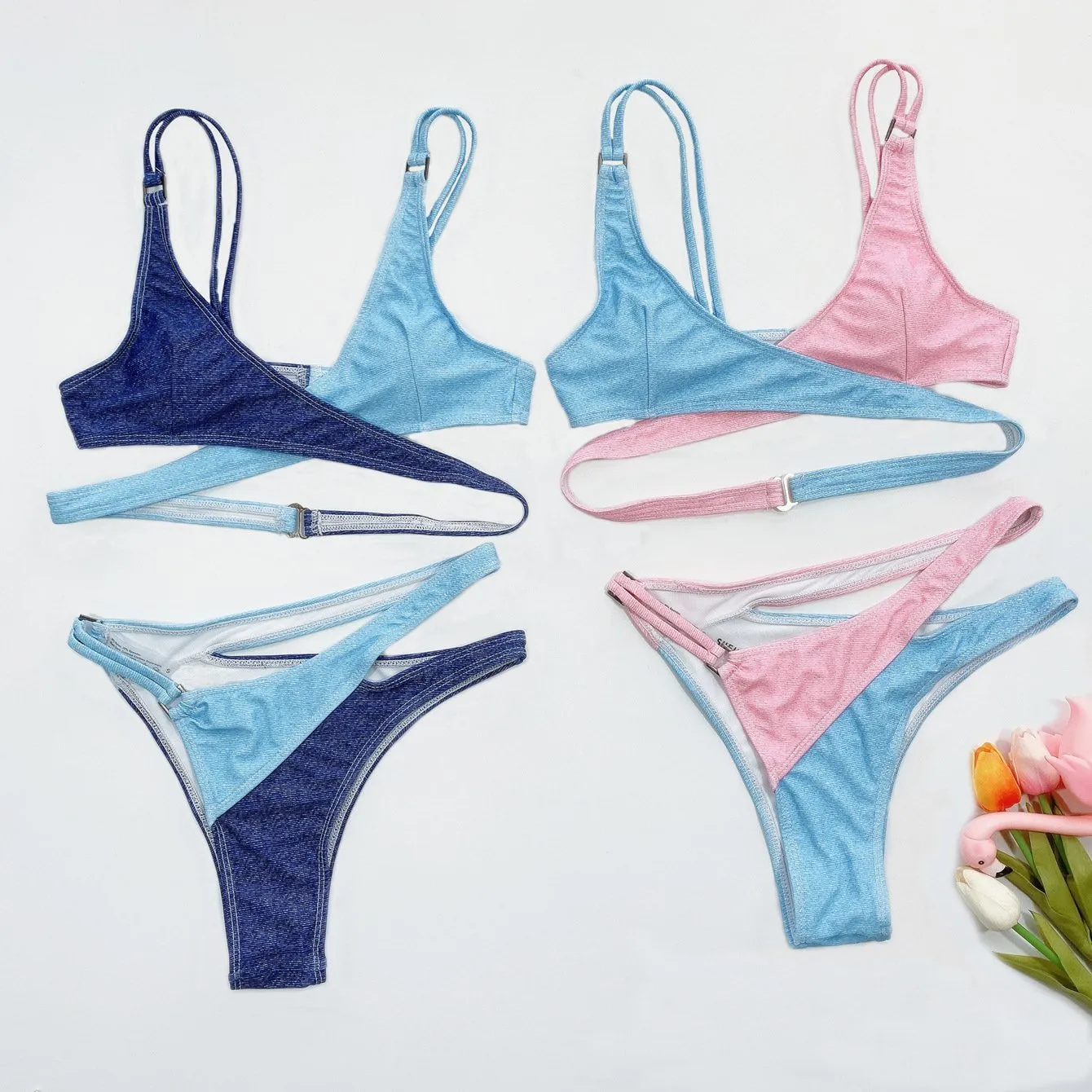 Hot Colorblock Cutout Mid Rise Thong Bottom Bikinis
