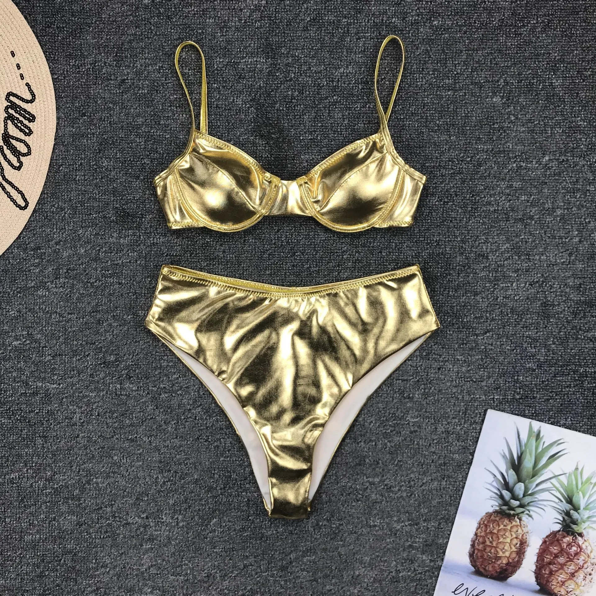 Hot Gold Plain High Rise Thong Bottom Bikinis