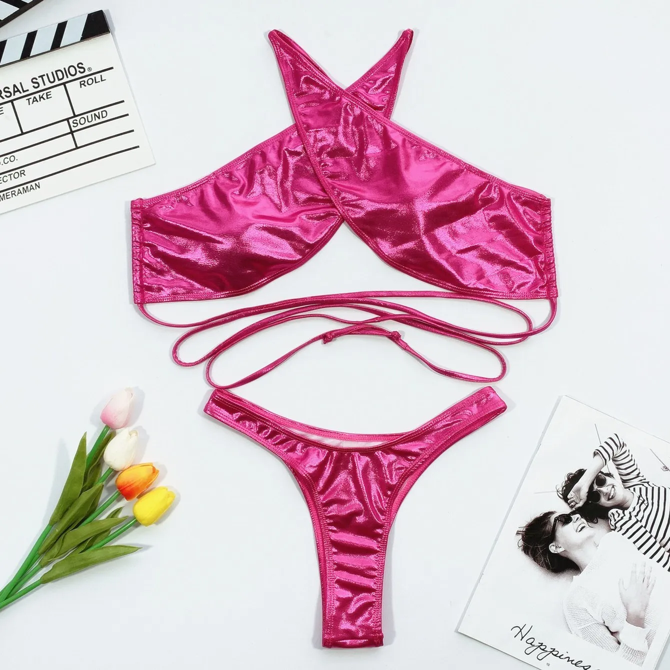 Hot Halter Strappy Mid Rise Thong Bottom Bikinis