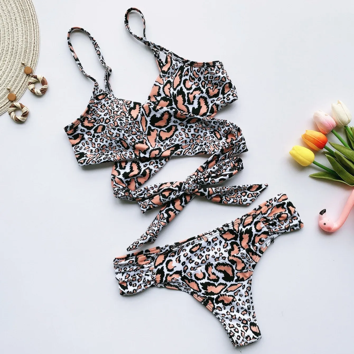 Hot Leopard Strappy Mid Rise Thong Bottom Bikinis