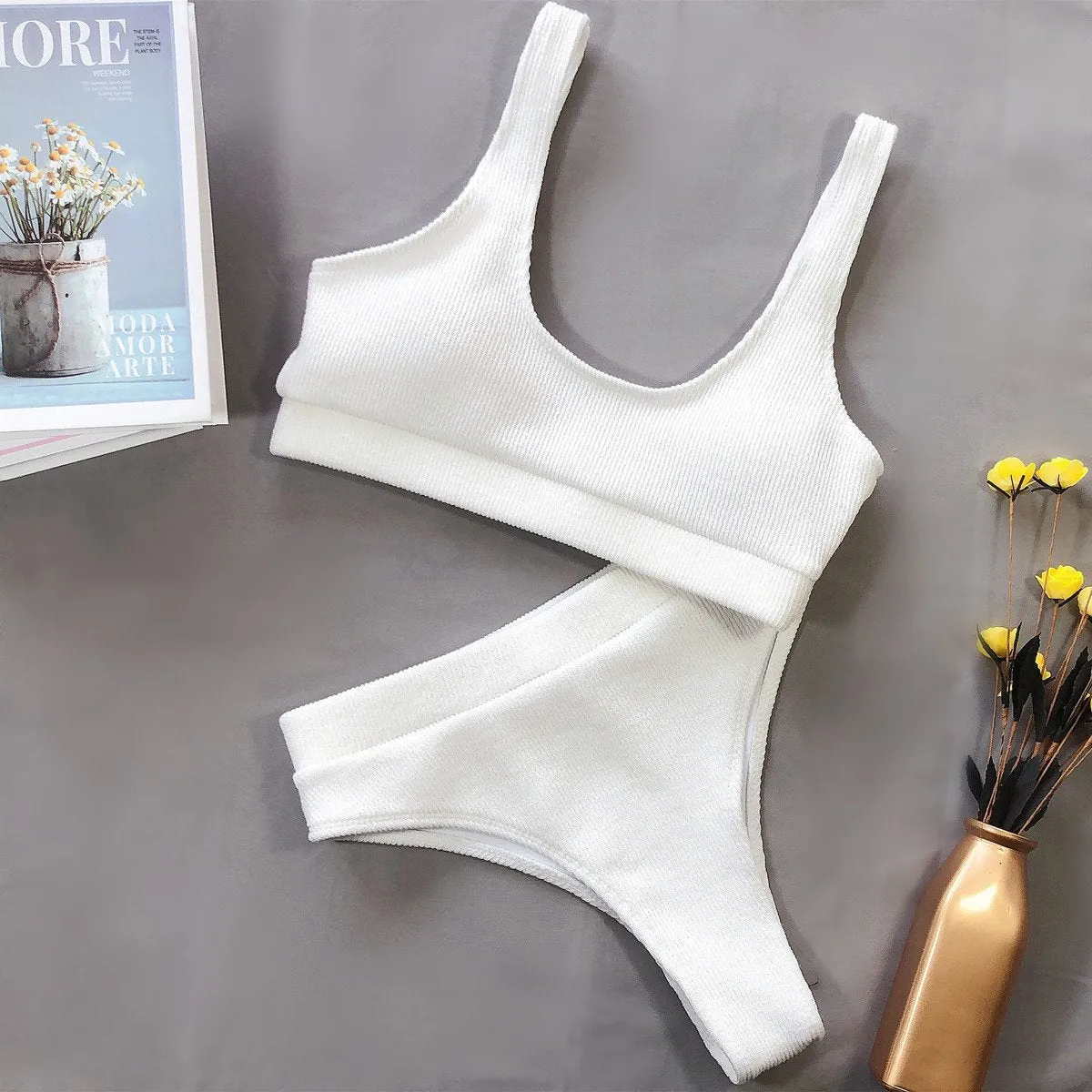 Hot Plain Knit High Rise Thong Bottom Bikinis