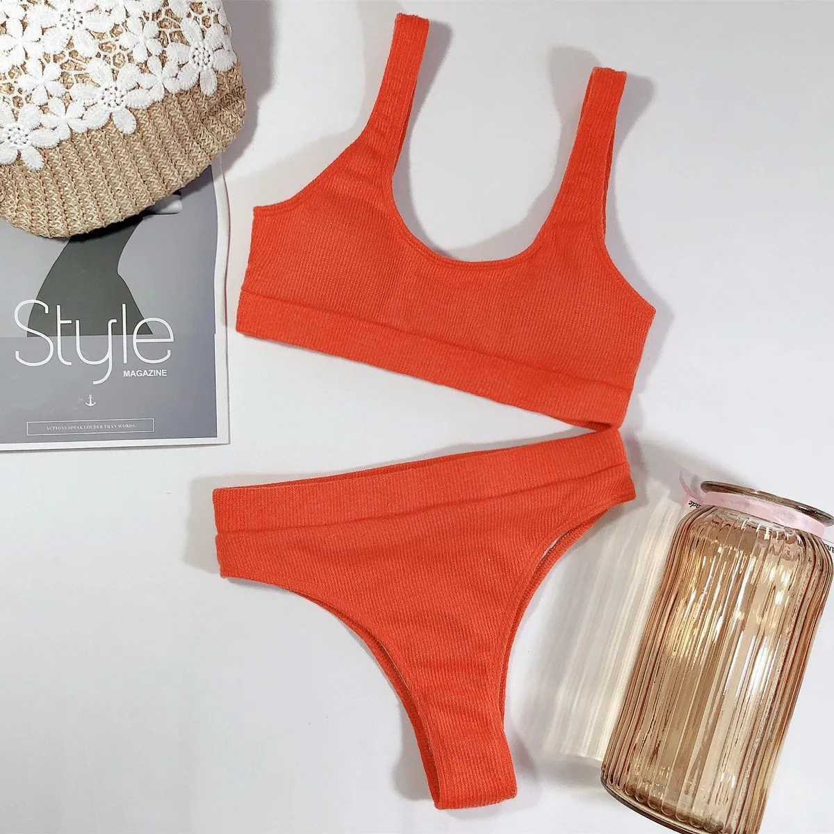 Hot Plain Knit High Rise Thong Bottom Bikinis