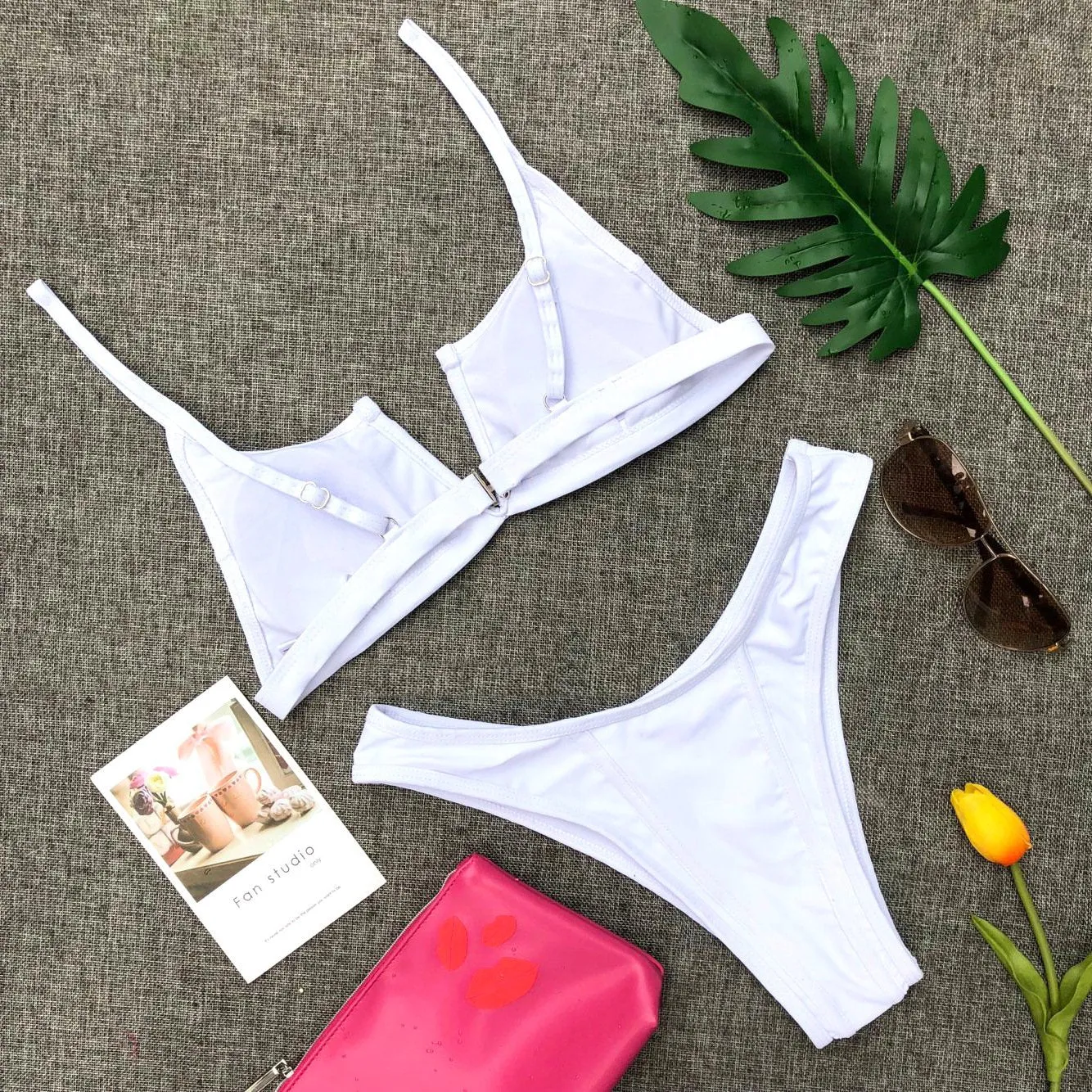 Hot Plain V Neck Mid Rise Thong Bottom Bikinis
