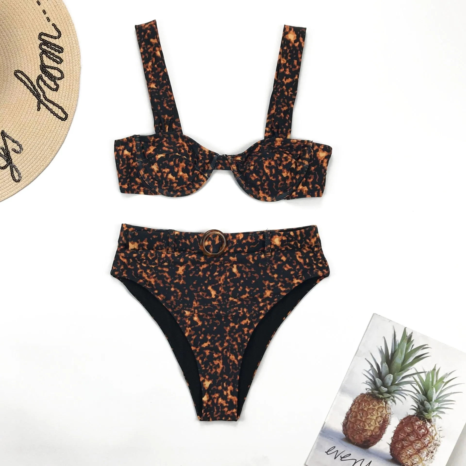 Hot Print Belt High Rise Thong Bottom Bikinis