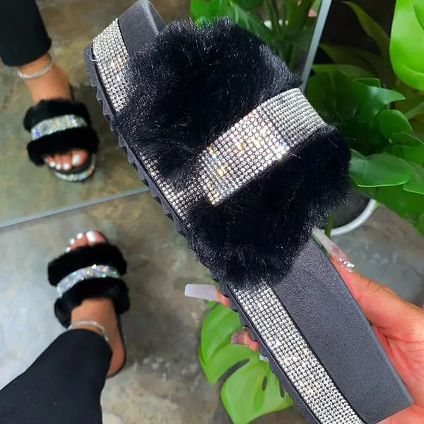 Kimemoda Womens Platform Flat Slippers Faux Fur Slip On Sandals