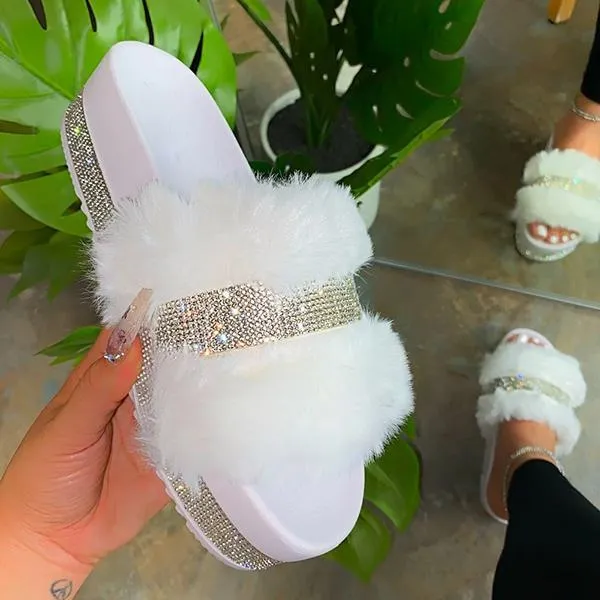 Kimemoda Womens Platform Flat Slippers Faux Fur Slip On Sandals