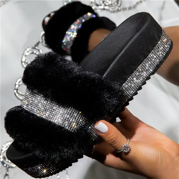 Kimemoda Womens Platform Flat Slippers Faux Fur Slip On Sandals