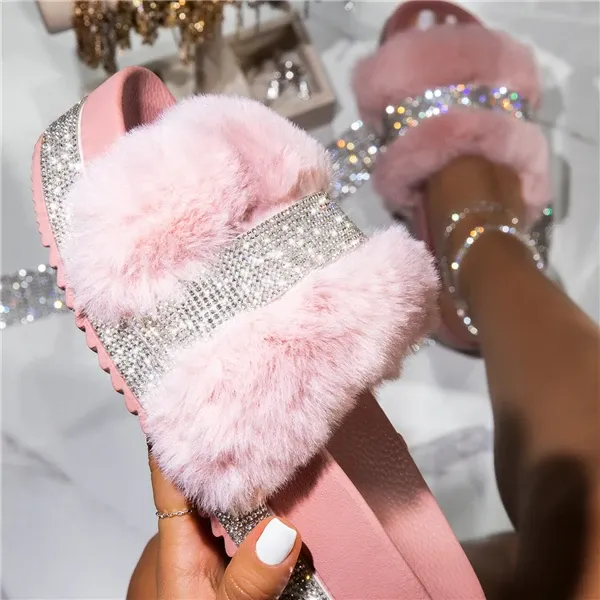 Kimemoda Womens Platform Flat Slippers Faux Fur Slip On Sandals