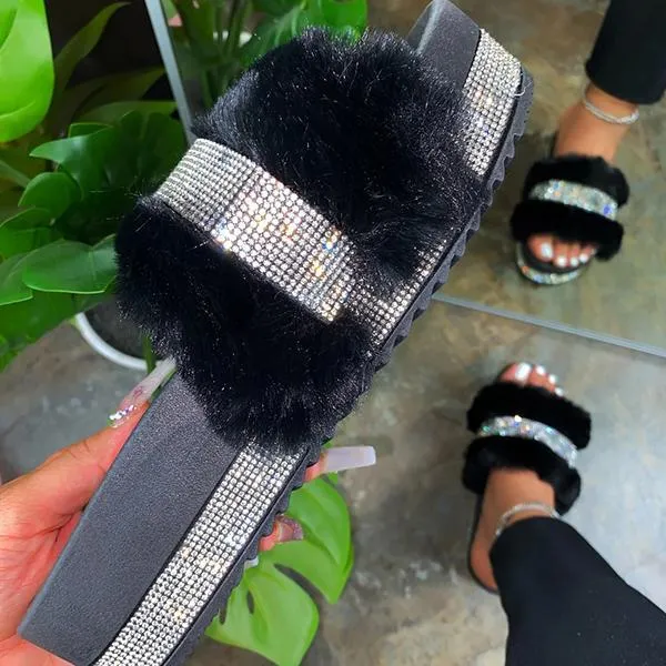 Kimemoda Womens Platform Flat Slippers Faux Fur Slip On Sandals