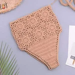 Knitted High-Waist Crochet Halter-Neck Bathing Suit