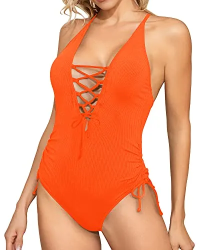 Lace Up Drawstring Tie Side Spaghetti Straps One Piece Swimsuit-Neon Orange