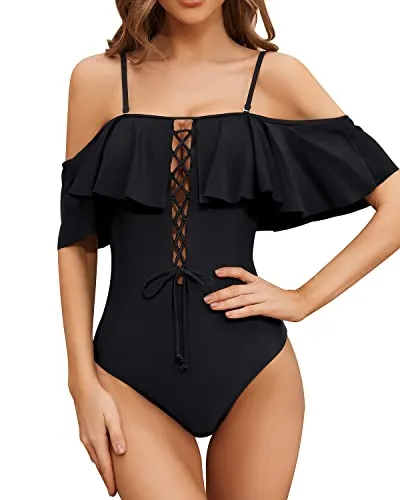 Lace-Up Front Off Shoulder Ruffle One Piece Swimsuit For Women-Black