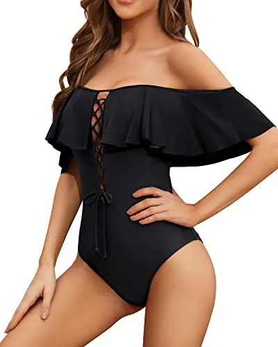 Lace-Up Front Off Shoulder Ruffle One Piece Swimsuit For Women-Black