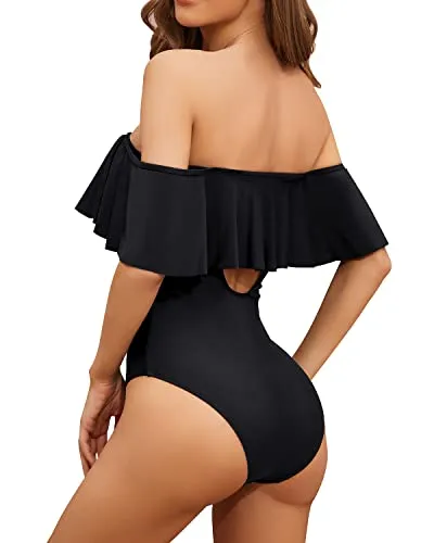 Lace-Up Front Off Shoulder Ruffle One Piece Swimsuit For Women-Black